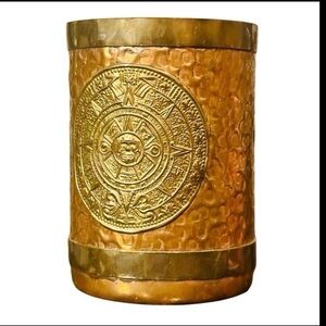 Vintage Hammered Copper and Brass Mug with Mayan Calendar